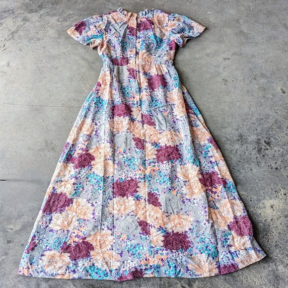 Vintage Floral Blue Purple Orange Short Sleeve Empire Waist Maxi Dress - Picture 14 of 14